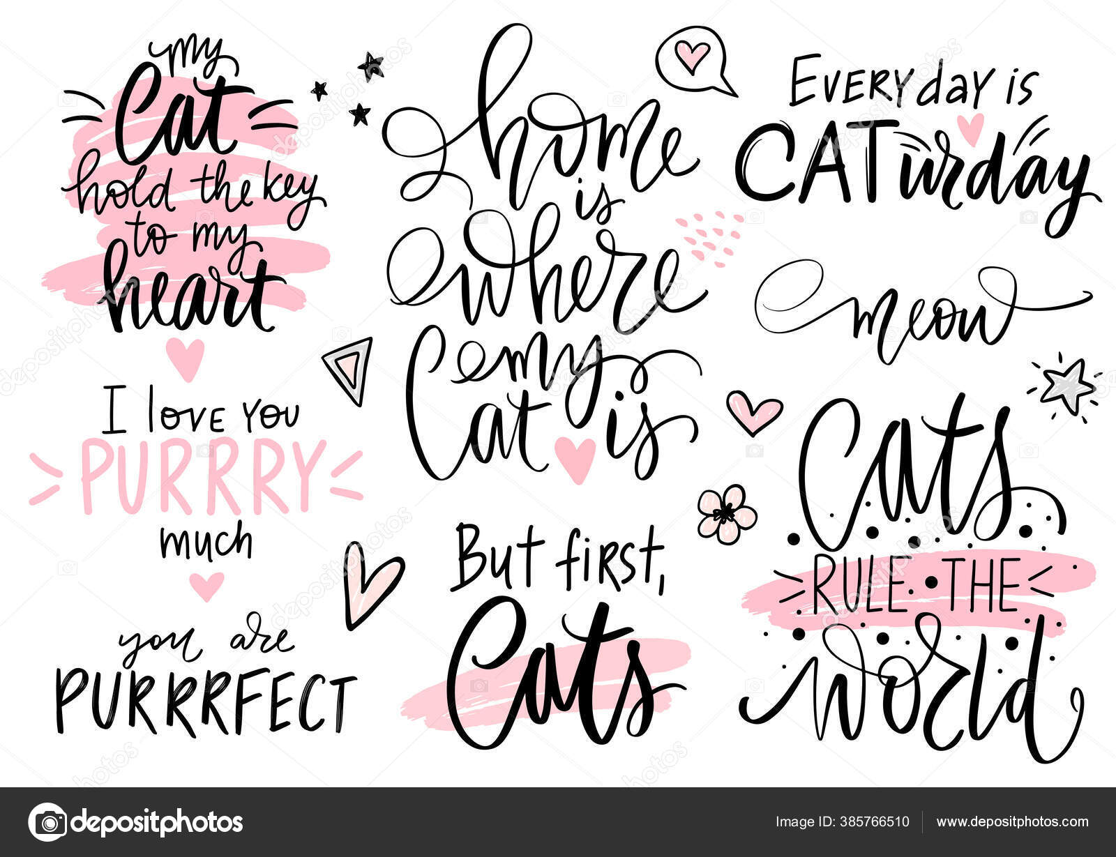 Cats quotes set, meow lettering, fashion kitty phrases. Cute vector set  with funny sayings. Stock Vector Image by ©YanaLesiuk #385766510