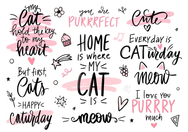 Cats quotes set, meow lettering, fashion kitty phrases. Cute vector set with funny sayings. — Stock Vector