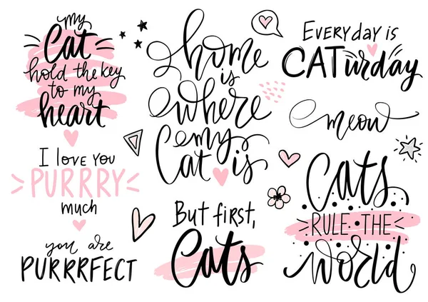 Cats quotes set, mňau písmo, módní Kitty fráze. Roztomilý vektor s legračními rčení. — Stockový vektor