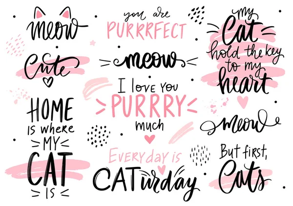 Cats quotes set, meow lettering, fashion kitty phrases. Cute vector set with funny sayings. — Stock Vector