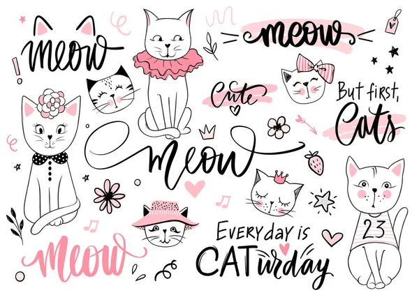 Doodle Cats illustration and kitten quotes, meow lettering. Cute vector set with funny hipster pets, fashion kitty phrases — Stock Vector