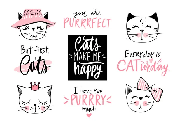 Doodle Cats illustration and kitten quotes, meow lettering. Cute vector set with funny hipster pets, fashion kitty phrases — Stock Vector