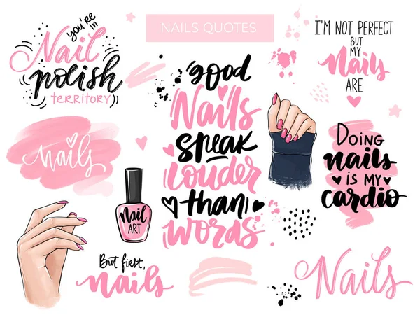 Nägel und Maniküre-Set mit Frauenhänden, handgeschriebene Schriftzüge, Phrasen, Inspirationszitat für Nagelbar, Schönheitssalon — Stockvektor