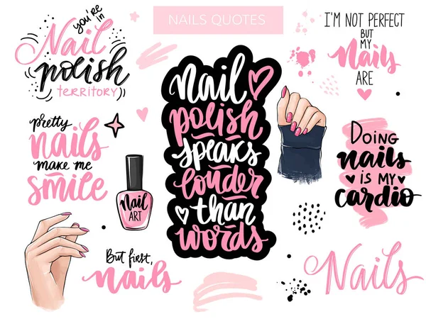 Naglar och manikyr set med kvinnliga händer, handskrivna bokstäver, fraser, Inspiration citat för spik bar, skönhetssalong — Stock vektor