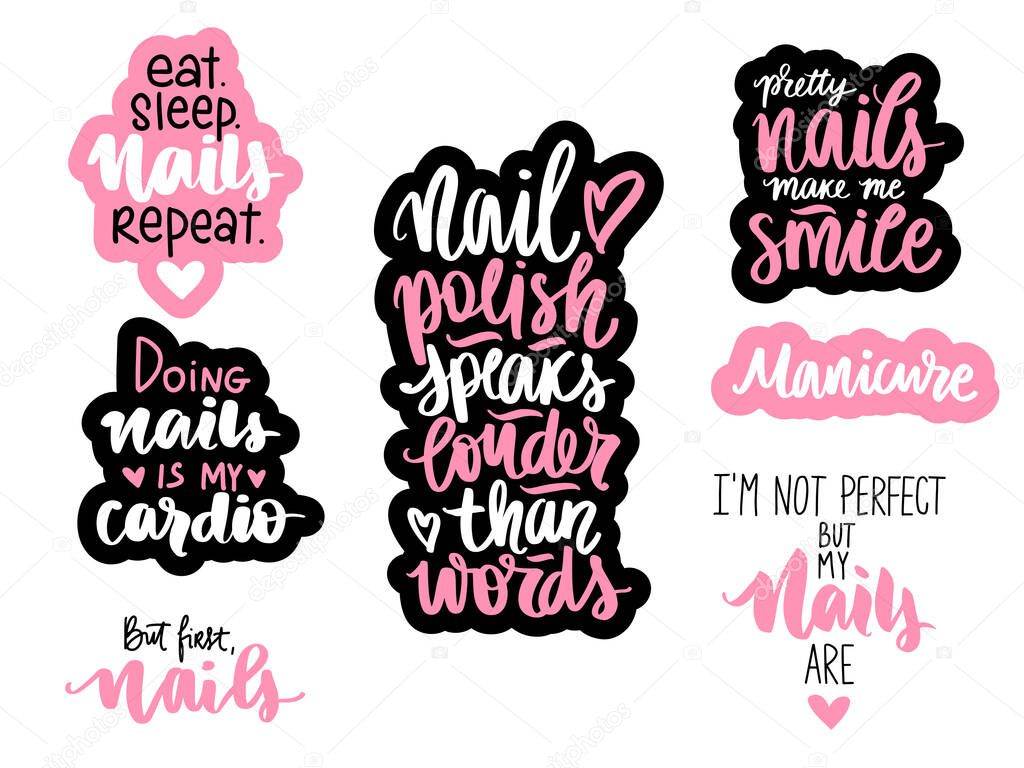 Handwritten lettering set about nails, nail polish and manicure. Phrases Collection for studio, manicure master, beauty salon