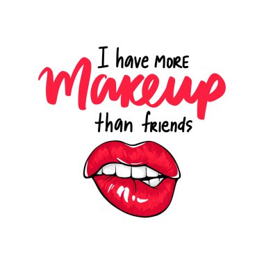 Seksi dudaklar, ısırık bir dudak. Dudaklar ısırıyor. Kırmızı rujlu kadın dudakları. Makyaj alıntısı. Çizim biçimi.