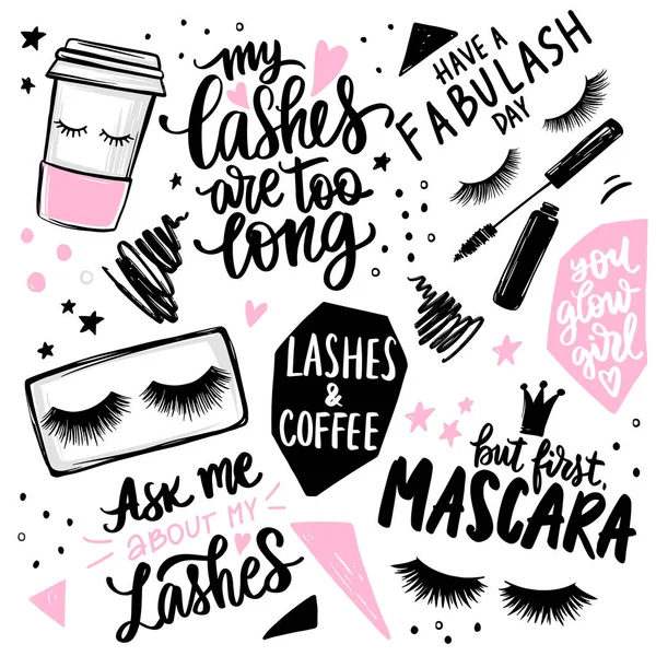 Lashes, mascara, makeup, cosmetic, coffee - set with closed eyes, lettering calligraphy quotes or phrases. — Stock Vector