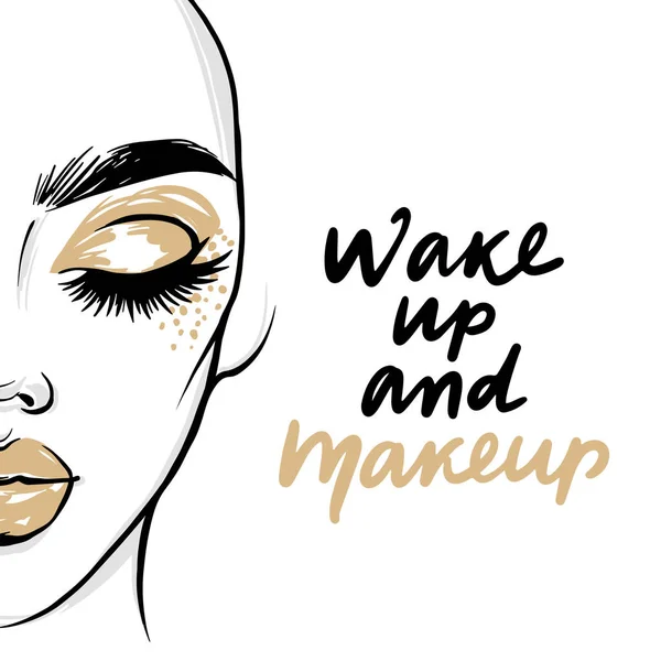 Plakat mody wektorowej z cytatem - Obudź się i makijaż. Portret kobiety ze złotymi oczkami i szminką. — Wektor stockowy