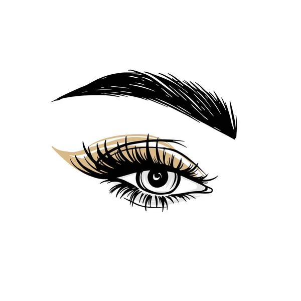 Vector Hand drawn beautiful female eye with long black eyelashes, golden eyeshadow and brows. — Stock Vector