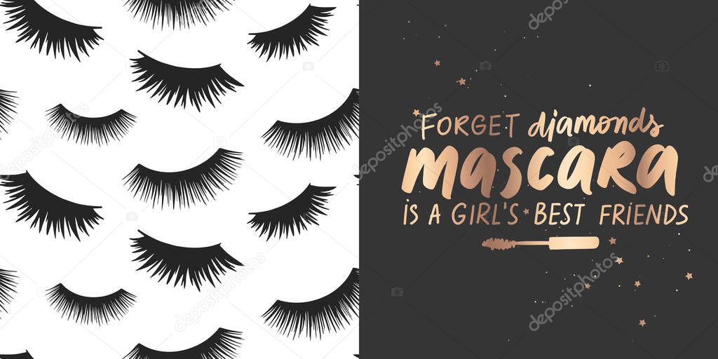 Golden Vector quote about mascara, lashes, makeup and seamless pattern. Fashion set