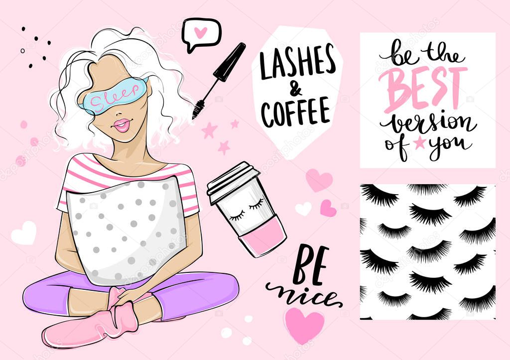 Beautiful girl sitting in pajamas and sleeping mask. Seamless pattern with lashes and quote about mascara, poster with inspirational phrase