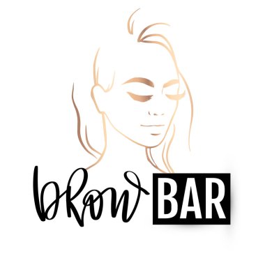 Üzerinde güzel kız portresi olan çizgili bar logosu. Güzellik salonu için Vektör Kaşlı Kaligrafi
