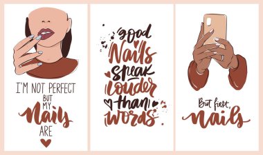 Tırnaklar ve manikür seti, kadın eli, el yazısıyla yazılmış harfler. Sosyal medya veya şebeke hikayeleri için duvar kağıdı.