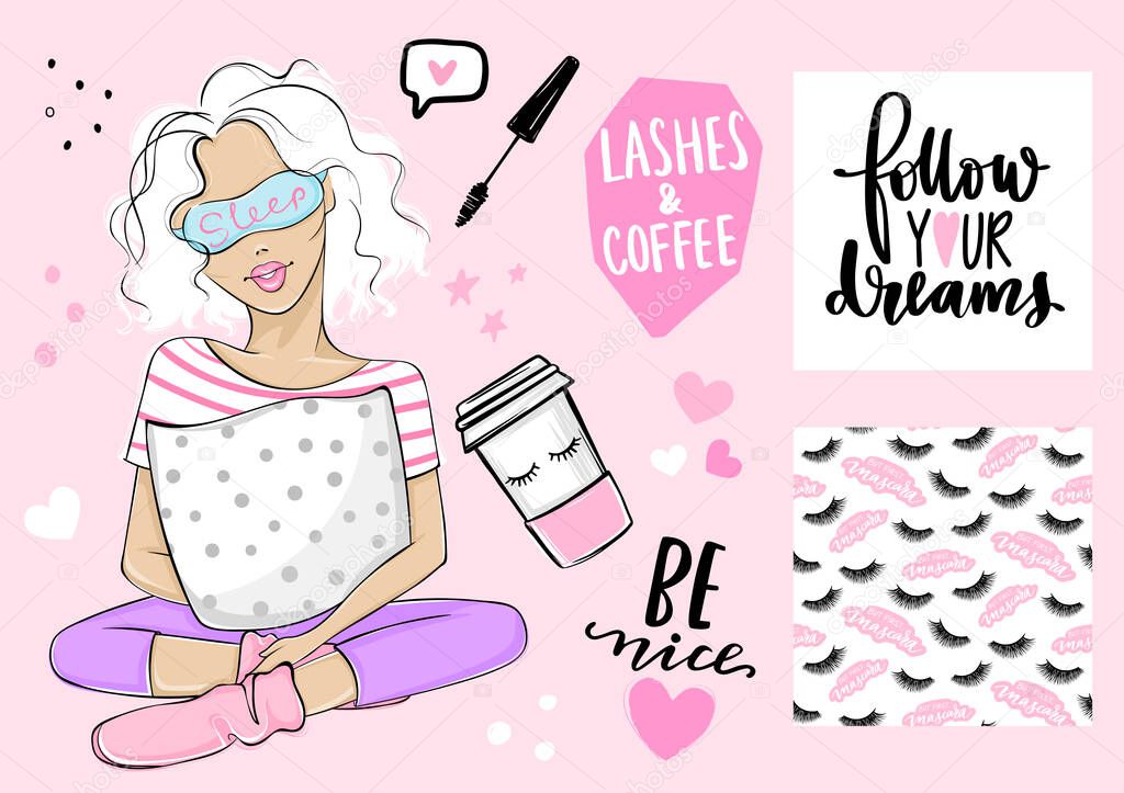 Beautiful girl sitting in pajamas and sleeping mask. Seamless pattern with lashes and quote about mascara
