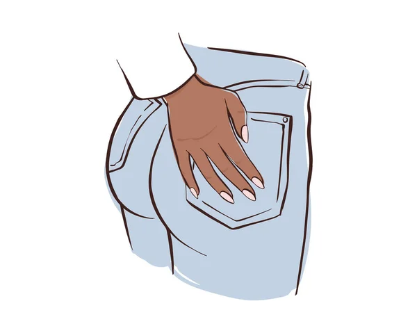 Giovane donna si tiene per mano su tasche jeans con smalto nudo. Ragazza mostra la sua manicure. — Vettoriale Stock