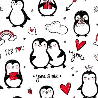 Penguen vektörü kusursuz desen. Komik hayvanlar arka planı. Sevimli karakterli çizgi film el çizimi. Doodle tarzı.