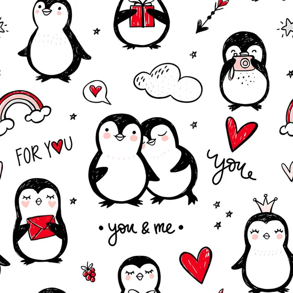 Padrão sem emenda do vetor pinguim. Animais engraçados fundo. Desenhos animados mão desenhada textura com personagens bonitos. Estilo doodle. — Vetor de Stock