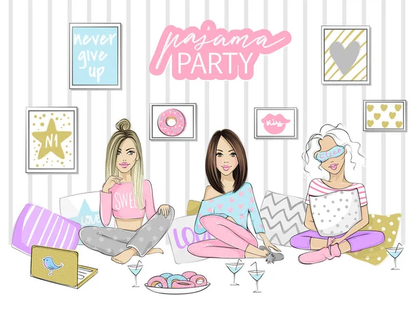 Pajama party vector illustration with beautiful young women, girls, teenagers. Poster, cover or banner for a fun event. — Stock Vector