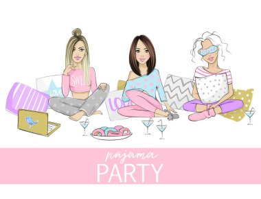 Güzel genç kızlar, kızlar ve gençlerle pijama partisi vektör çizimi. Eğlenceli bir etkinlik için poster, kapak veya afiş.