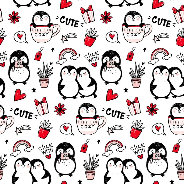 Pingvin vektor zökkenőmentes minta. Vicces állatok háttere. Rajzfilm kézzel rajzolt textúra aranyos karakterek. Doodle stílus. — Stock Vector