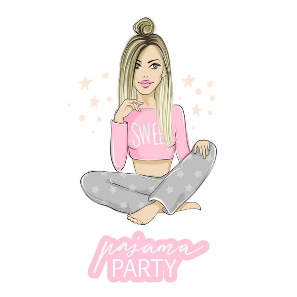 Pajama party vector illustration with beautiful young blonde woman, girl. Poster, cover or banner for a fun event. — Stock Vector