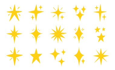 El yapımı pastel boyayla çizilmiş Star Doodle Set. Kıvılcım Sarı Yıldızlar, Gökyüzü Motifleri ve Sevimli Uzay Tasarımları için Çocukça Tebeşir Şekilleri veya Sihirli Çizimler.