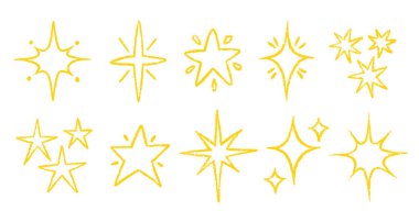 El yapımı pastel boyayla çizilmiş Star Doodle Set. Kıvılcım Yıldızları, Gökyüzü Motifleri ve Sevimli Uzay Tasarımları için Çocukça Tebeşir Şekilleri veya Sihirli Çizimler.