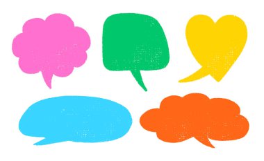 Pastel Tebeşir Tarzı ile Pastel Konuşma Baloncukları. Konuşmak için el çizimi metin çerçeveleri ya da çizgi roman tasarımı. Renkli çocuksu Doodle Bulutu Kabarcık Kutuları Beyaz Arkaplanda Ayarlandı.