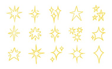 El yapımı pastel boyayla çizilmiş Star Doodle Set. Kıvılcım Sarı Yıldızlar, Gökyüzü Motifleri ve Sevimli Uzay Tasarımları için Çocukça Tebeşir Şekilleri veya Sihirli Çizimler.