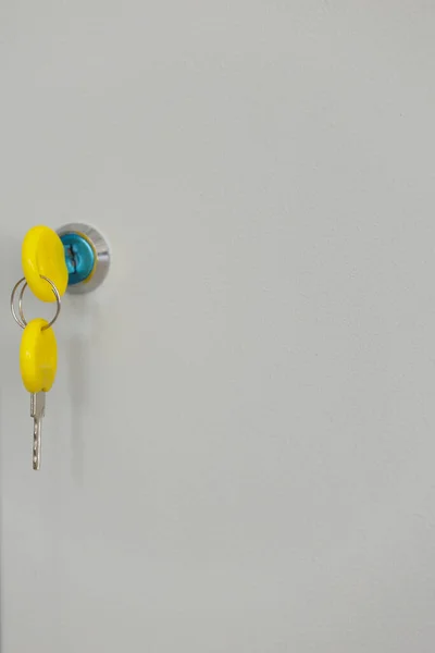 Sade duvarda sarı tutacağı olan anahtar. Güvenlik konsepti olarak basit kilit ve anahtara yakın çekim. Boşluğu kopyala.