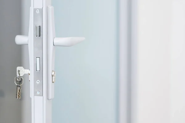 İç cam kapı kısmen açık, anahtarlar da kilitli. Kapıyı ve anahtarları mal ve erişim fikri olarak kapat.