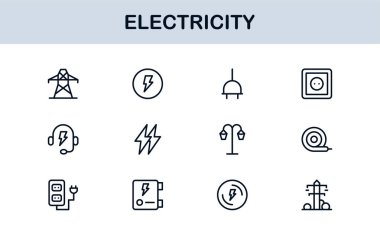 Elektrik Yıldırımları, Güç Kaynakları, Enerji, Devre ve Elektrik Ekipmanları dahil olmak üzere Vektör Simgesi Koleksiyonu