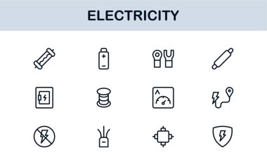 Elektrik Yıldırımları, Güç Kaynakları, Enerji, Devre ve Elektrik Ekipmanları dahil olmak üzere Vektör Simgesi Koleksiyonu