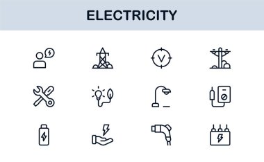 Elektrik Yıldırımları, Güç Kaynakları, Enerji, Devre ve Elektrik Ekipmanları dahil olmak üzere Vektör Simgesi Koleksiyonu