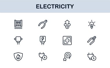 Elektrik Yıldırımları, Güç Kaynakları, Enerji, Devre ve Elektrik Ekipmanları dahil olmak üzere Vektör Simgesi Koleksiyonu