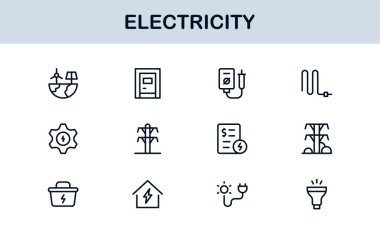 Elektrik Yıldırımları, Güç Kaynakları, Enerji, Devre ve Elektrik Ekipmanları dahil olmak üzere Vektör Simgesi Koleksiyonu
