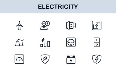 Elektrik Yıldırımları, Güç Kaynakları, Enerji, Devre ve Elektrik Ekipmanları dahil olmak üzere Vektör Simgesi Koleksiyonu
