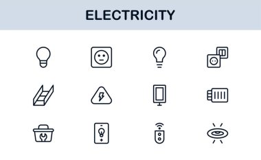Elektrik Yıldırımları, Güç Kaynakları, Enerji, Devre ve Elektrik Ekipmanları dahil olmak üzere Vektör Simgesi Koleksiyonu