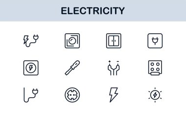 Elektrik Yıldırımları, Güç Kaynakları, Enerji, Devre ve Elektrik Ekipmanları dahil olmak üzere Vektör Simgesi Koleksiyonu