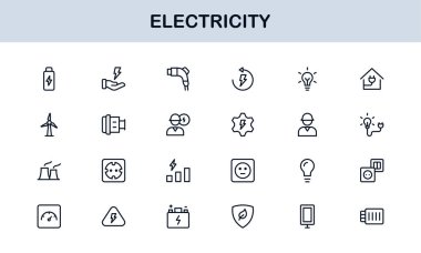 Elektrik Yıldırımları, Güç Kaynakları, Enerji, Devre ve Elektrik Ekipmanları dahil olmak üzere Vektör Simgesi Koleksiyonu