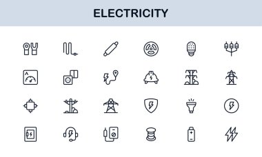 Elektrik Yıldırımları, Güç Kaynakları, Enerji, Devre ve Elektrik Ekipmanları dahil olmak üzere Vektör Simgesi Koleksiyonu
