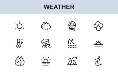 Hava Durumu Simgesi Tüm Aygıtlar için Asgari Satır Biçiminde Yaratıcı Vektör İllüstrasyonları, İklim, Yağmur, Güneş ve Sıcaklığı Ayarla
