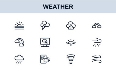 Hava Durumu Simgesi Tüm Aygıtlar için Asgari Satır Biçiminde Yaratıcı Vektör İllüstrasyonları, İklim, Yağmur, Güneş ve Sıcaklığı Ayarla