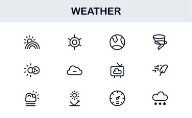 Hava Durumu Simgesi Tüm Aygıtlar için Asgari Satır Biçiminde Yaratıcı Vektör İllüstrasyonları, İklim, Yağmur, Güneş ve Sıcaklığı Ayarla