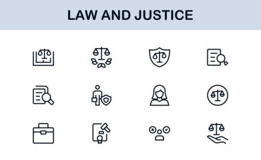 Hukuk ve Adalet Simgesi Vektör Biçiminde Ayarlandı Hukuki Semboller, Mahkeme Elementleri ve Avukat Araçları