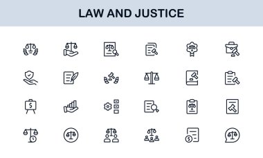 Hukuk ve Adalet Simgesi Vektör Biçiminde Ayarlandı Hukuki Semboller, Mahkeme Elementleri ve Avukat Araçları