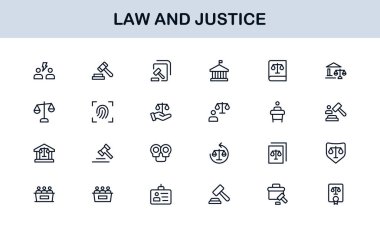 Hukuk ve Adalet Simgesi Vektör Biçiminde Ayarlandı Hukuki Semboller, Mahkeme Elementleri ve Avukat Araçları
