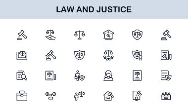 Hukuk ve Adalet Simgesi Vektör Biçiminde Ayarlandı Hukuki Semboller, Mahkeme Elementleri ve Avukat Araçları