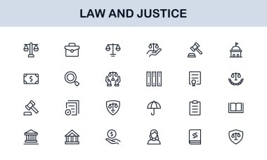Hukuk ve Adalet Simgesi Vektör Biçiminde Ayarlandı Hukuki Semboller, Mahkeme Elementleri ve Avukat Araçları