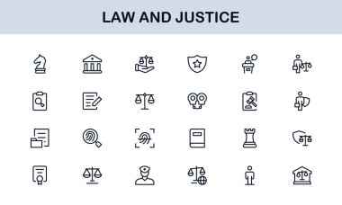 Hukuk ve Adalet Simgesi Vektör Biçiminde Ayarlandı Hukuki Semboller, Mahkeme Elementleri ve Avukat Araçları